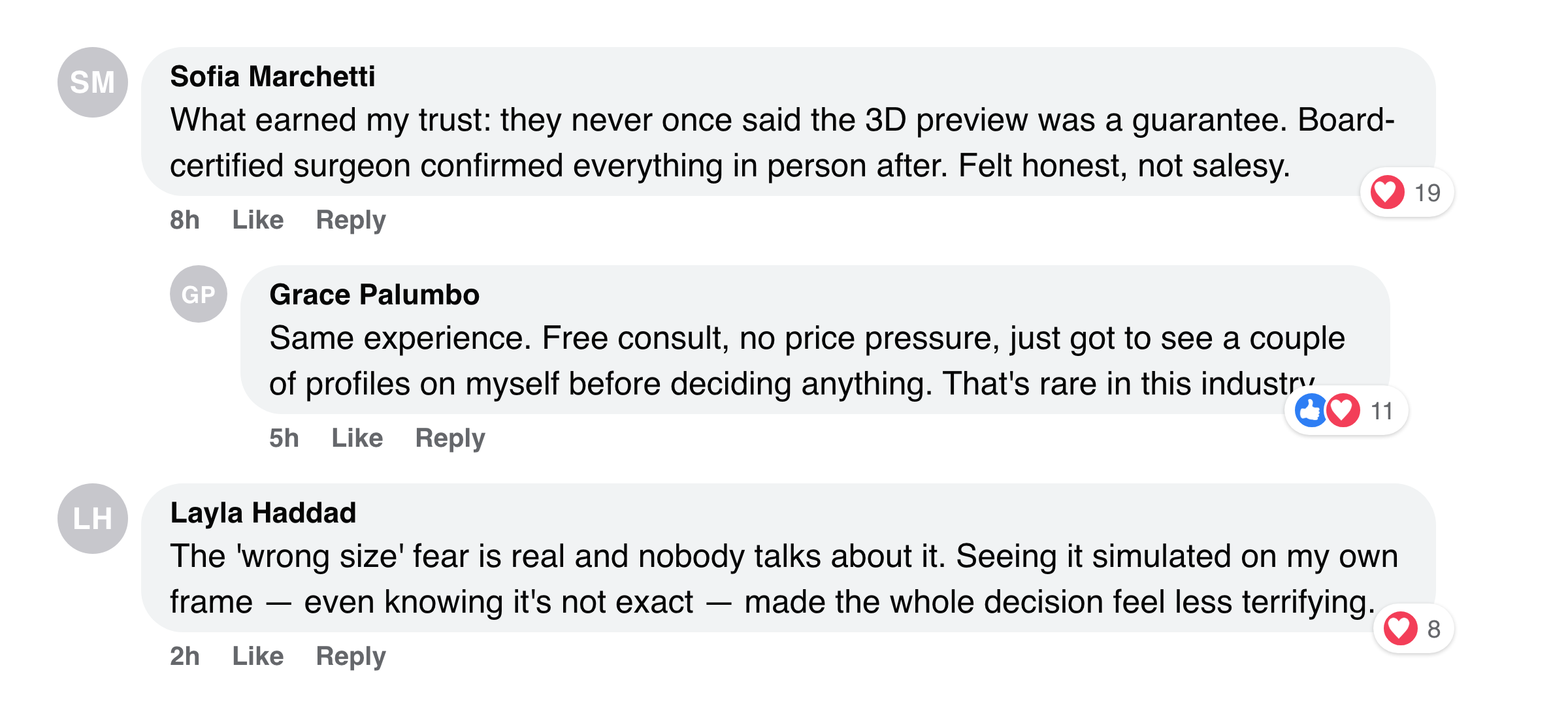 Facebook comments praising the honesty that the 3D preview is a simulation, not a guarantee