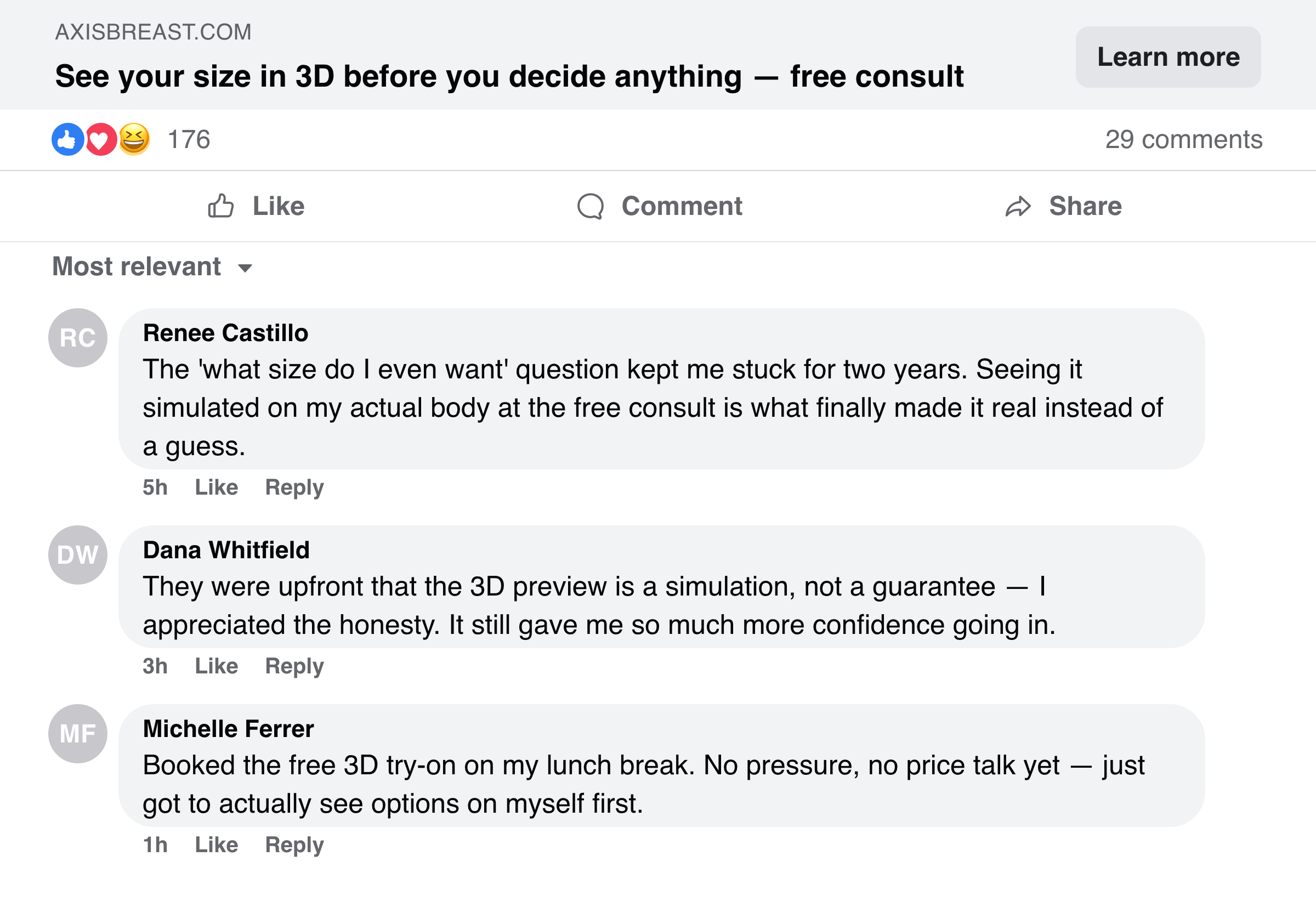 Facebook post and comments about the free 3D try-on consult and no price pressure