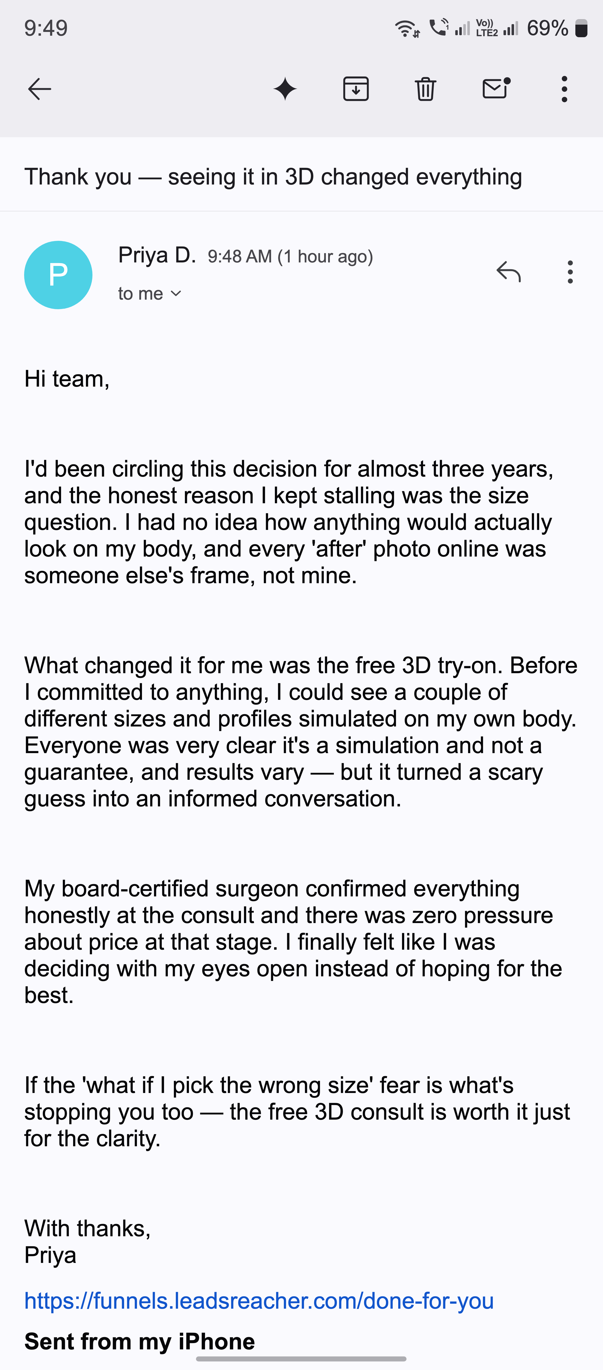A thank-you email from a woman who finally understood her options after seeing them in 3D