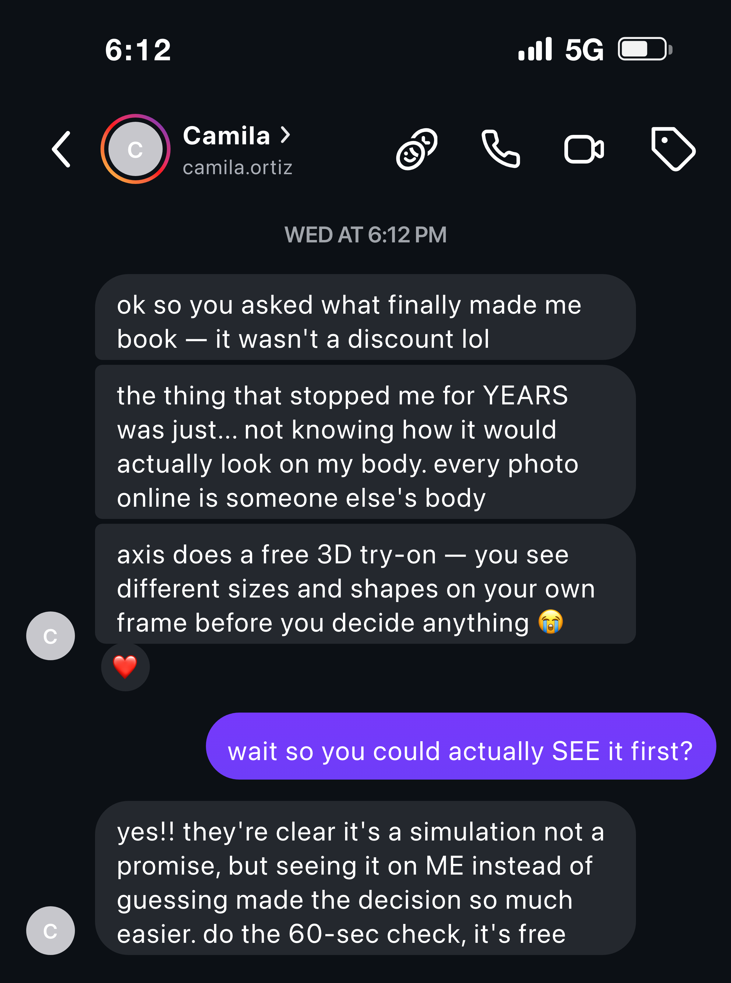 Instagram message about finally deciding after a free 3D try-on showed sizes on her own body