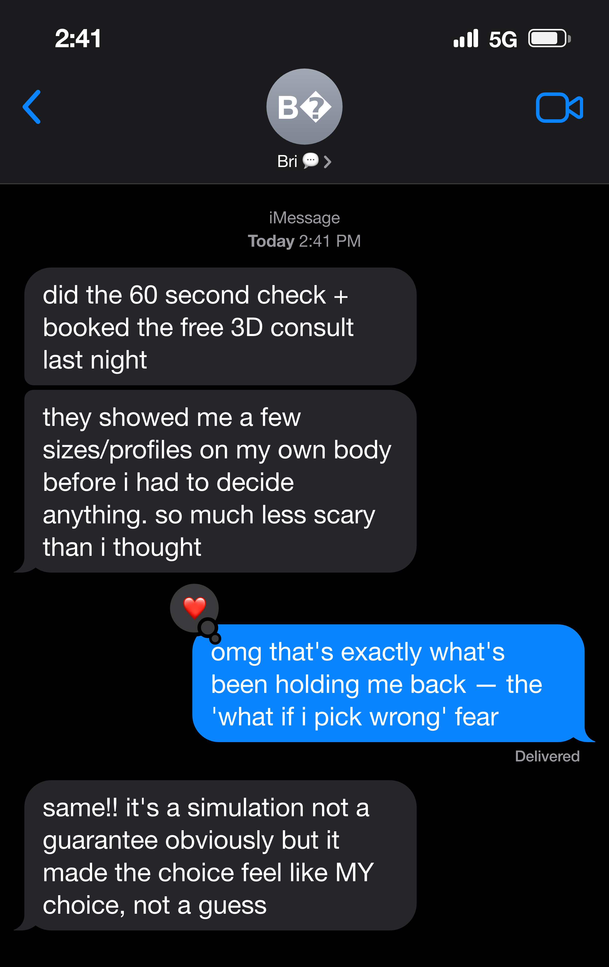 Text message about seeing sizes and profiles simulated on her own body before deciding anything