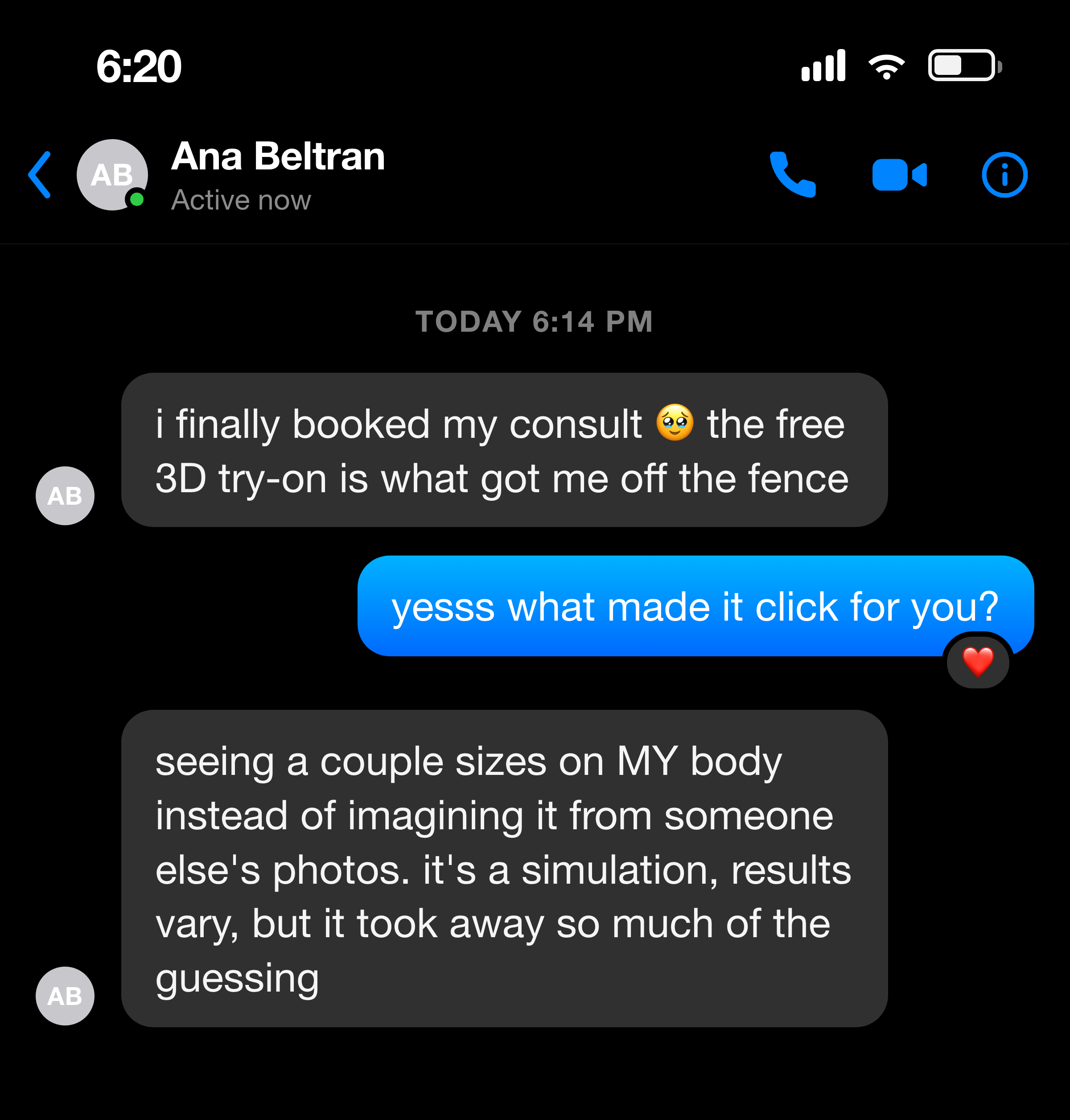 Messenger note from a woman who booked once she could see her options in 3D