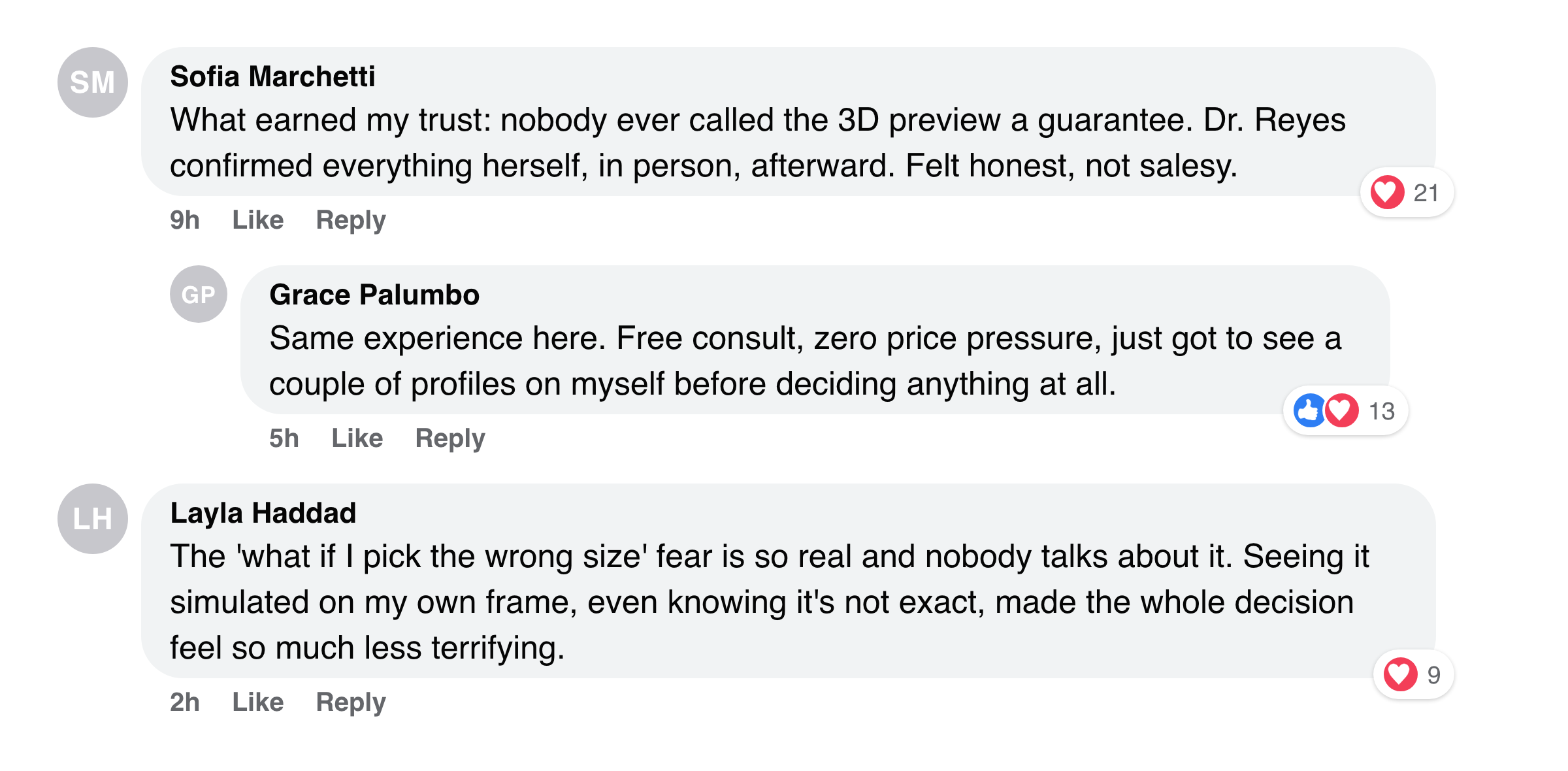 Facebook comments about the honesty that the 3D preview is a simulation, not a guarantee