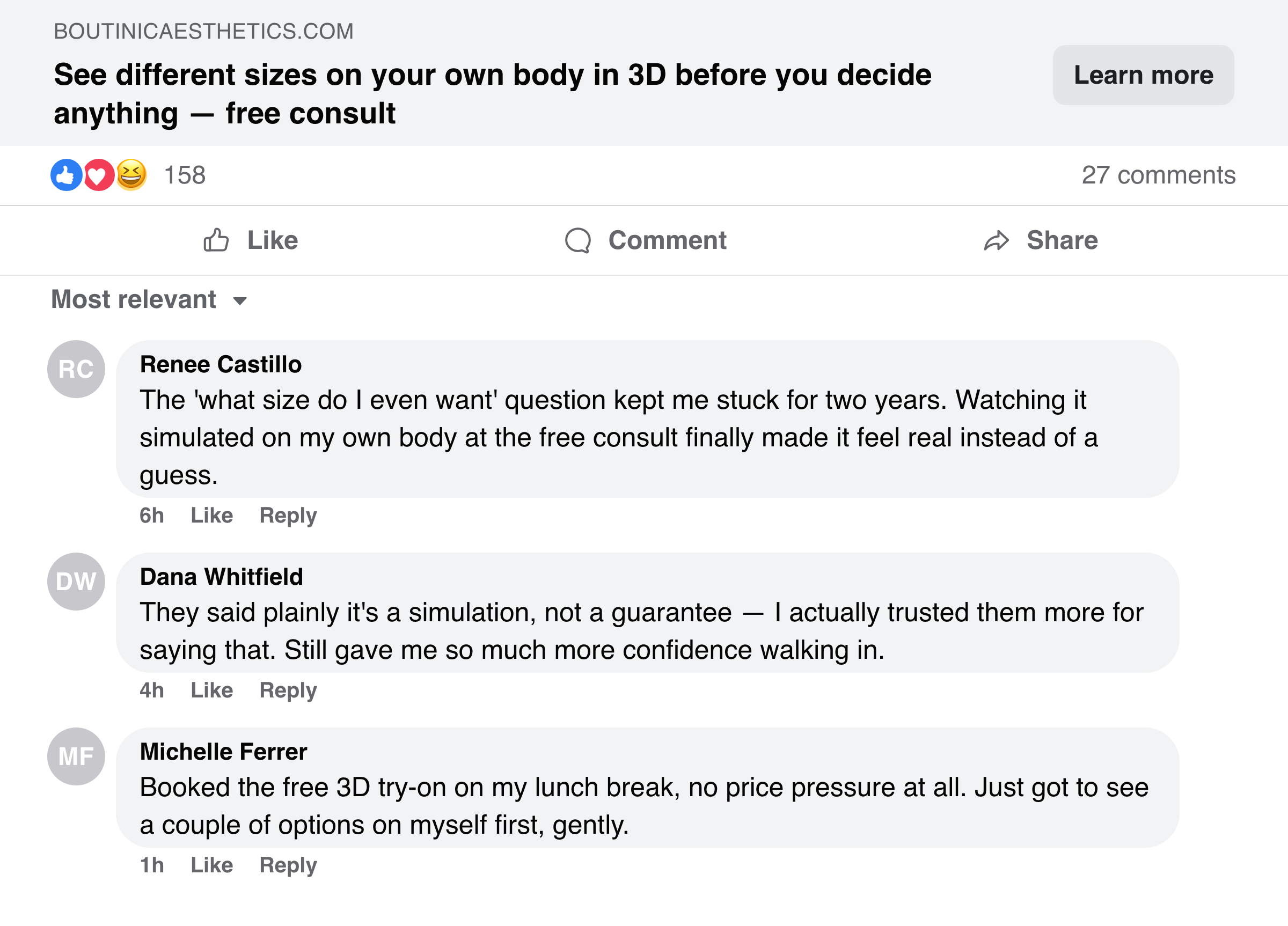 Facebook post about seeing different sizes on your own body in 3D before deciding anything