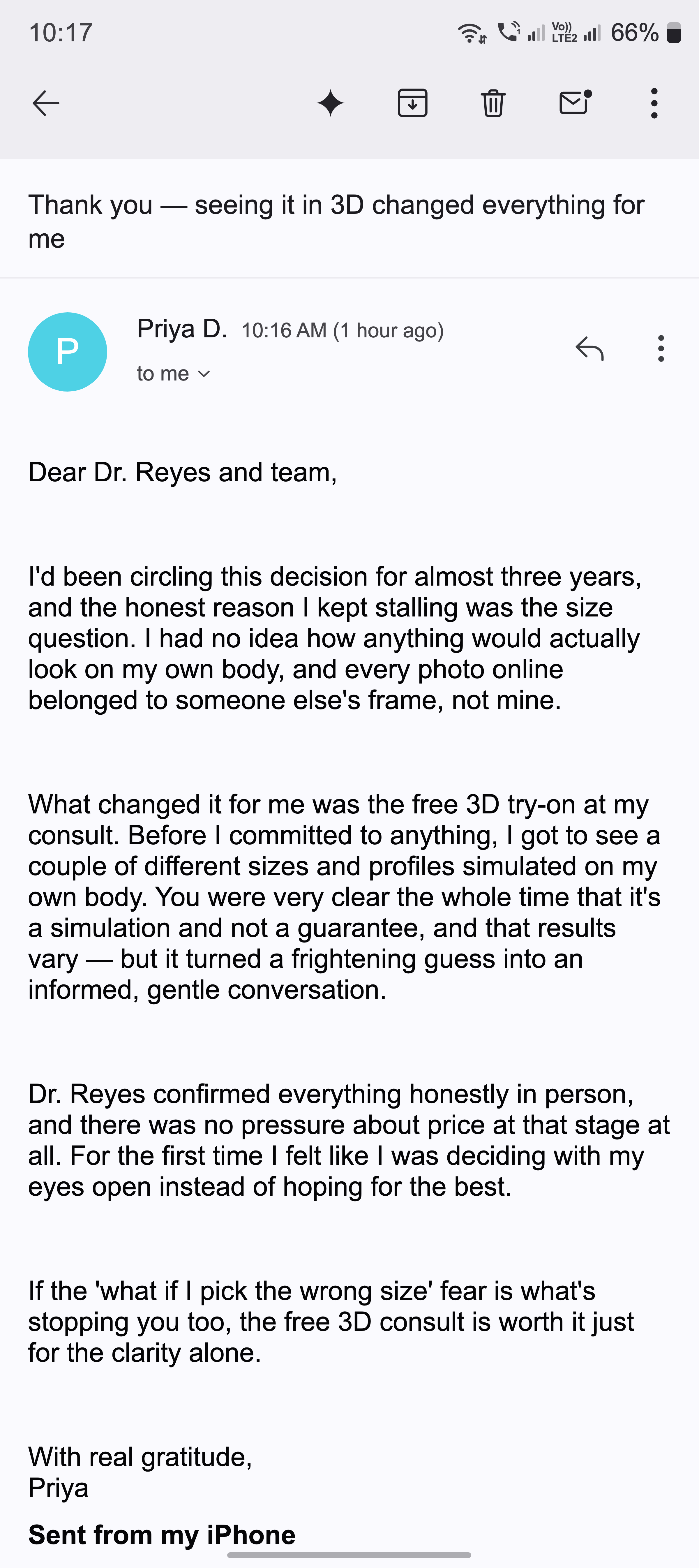 A thank-you email from a woman who felt informed instead of guessing after her free 3D consult