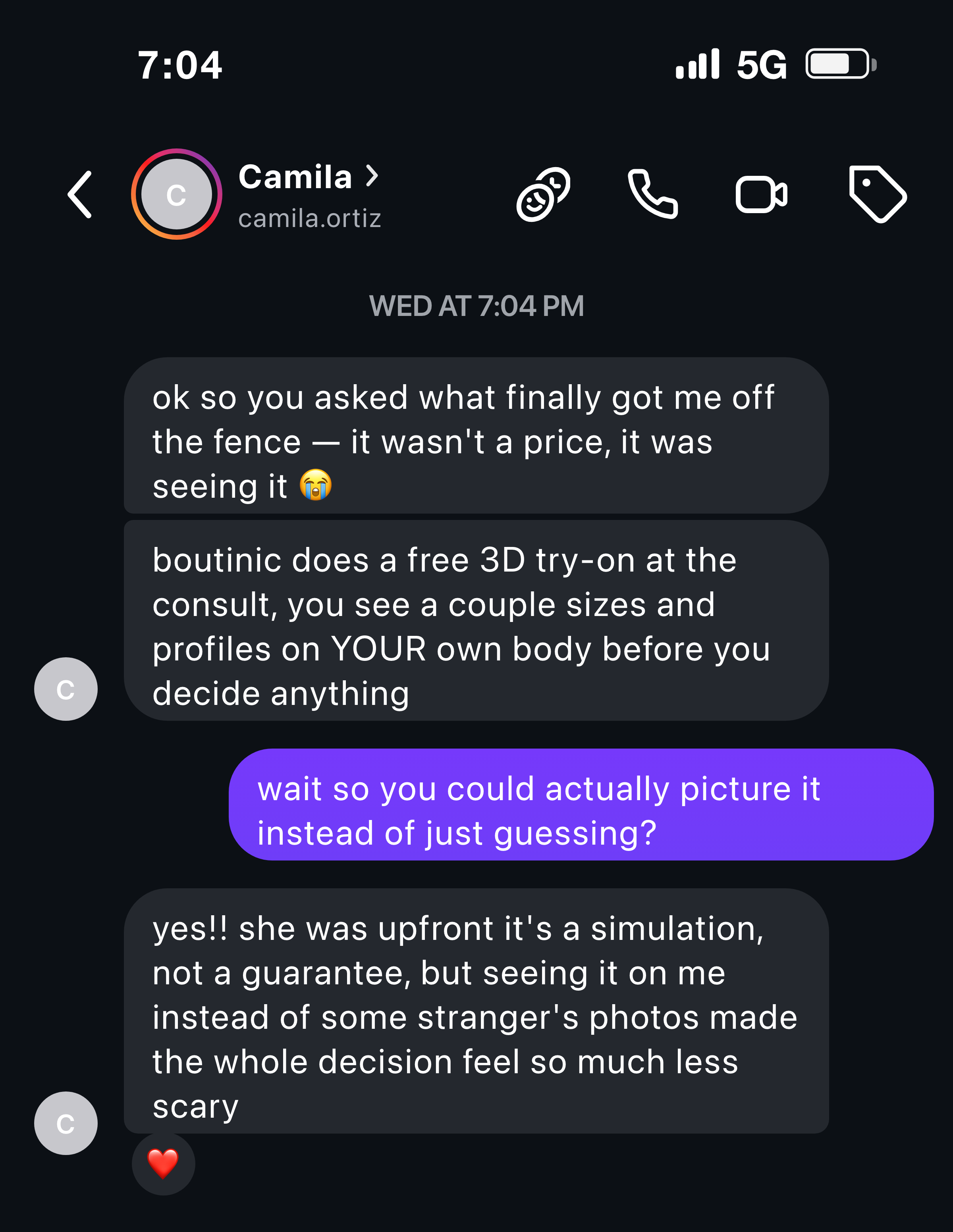 Instagram message from a friend about seeing sizes simulated on her own body with the free 3D try-on