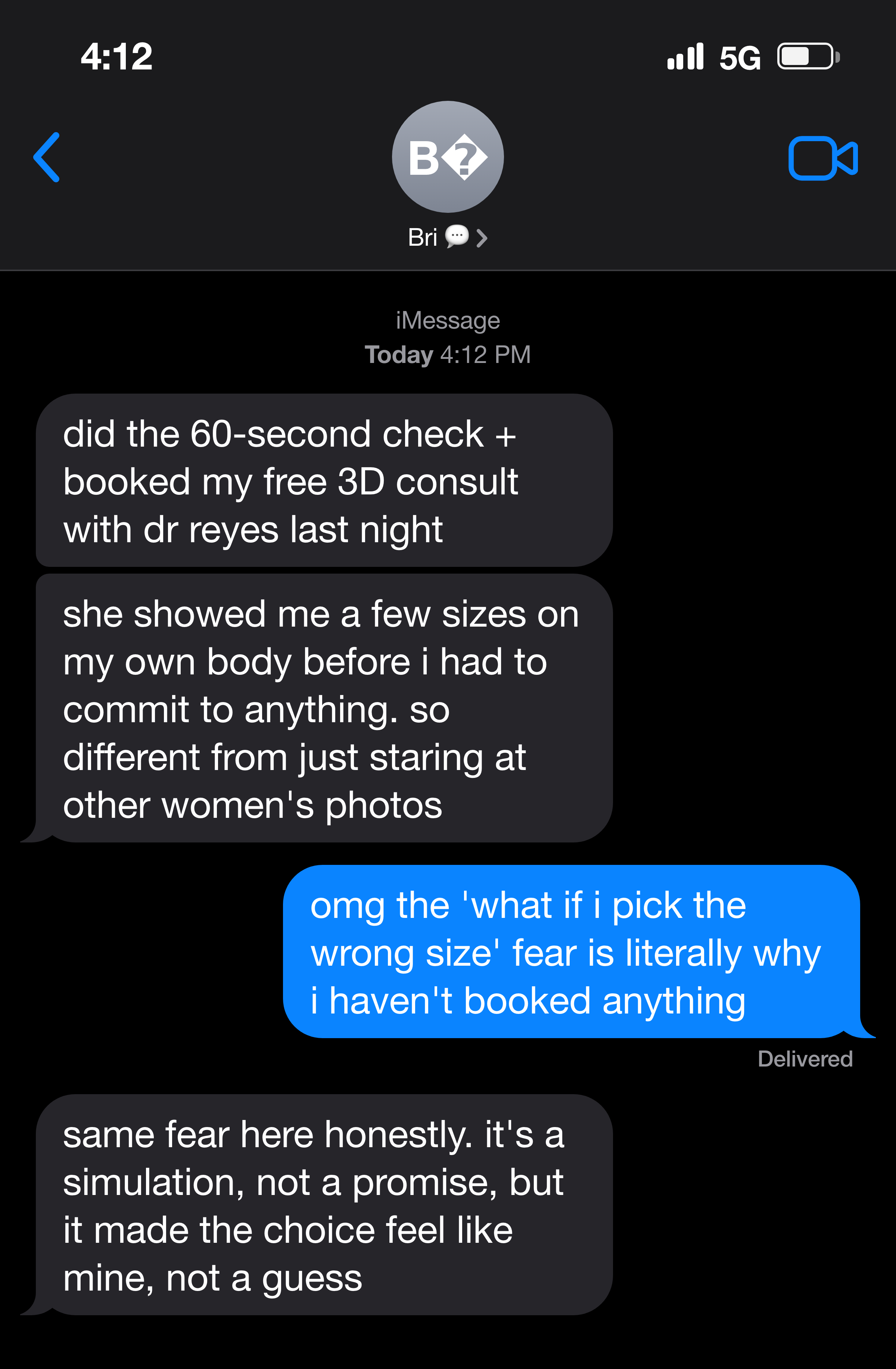 Text messages about the wrong-size fear resolved by a free 3D consult
