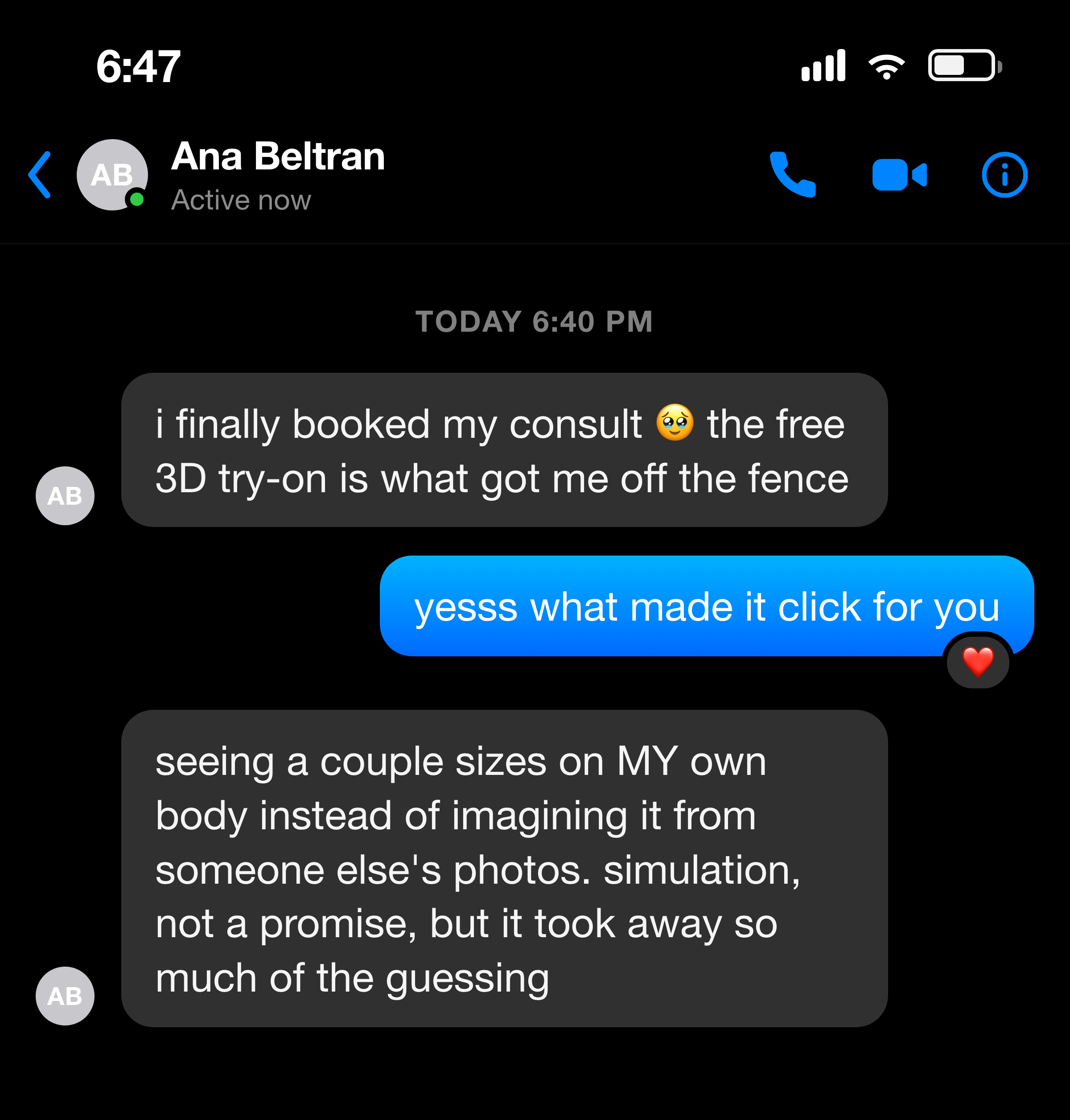 Messenger note from a woman who booked after the free 3D try-on got her off the fence