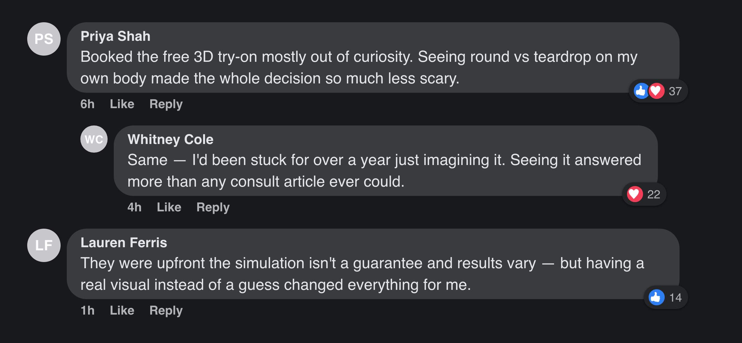Facebook comments from women about the free 3D try-on and seeing round vs teardrop on their own body
