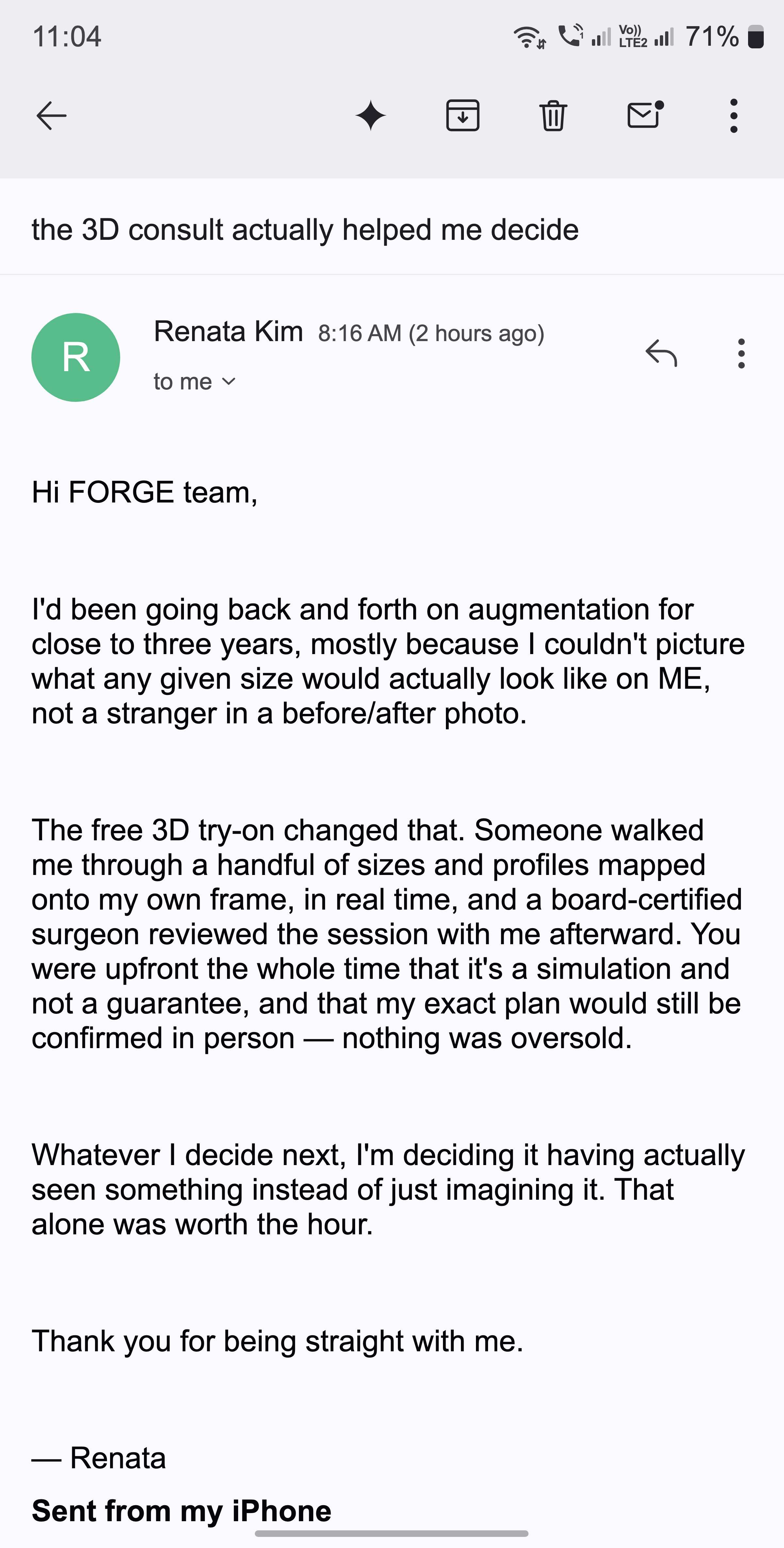 A thank-you email from a woman who says the 3D consult finally helped her decide, with no pressure