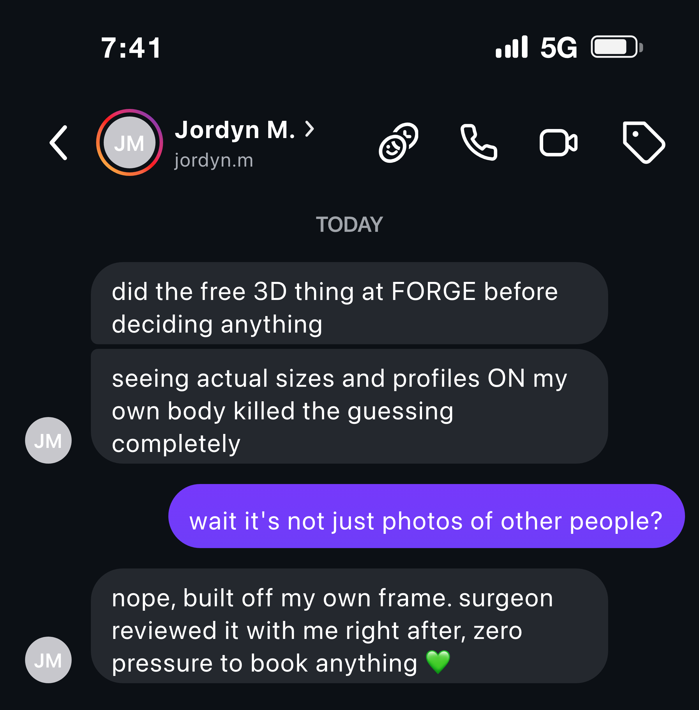 Instagram message from a woman about the free 3D try-on showing her actual sizes and profiles on her own body