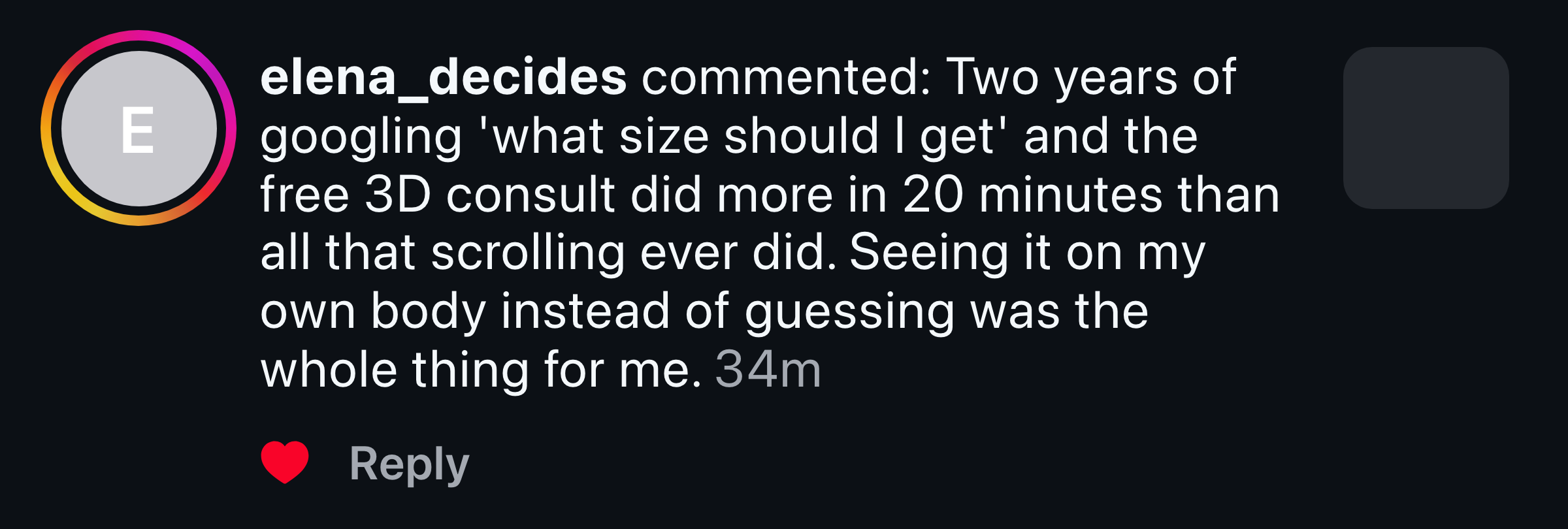 Instagram comment from a woman who says the free 3D consult helped her more than years of researching online