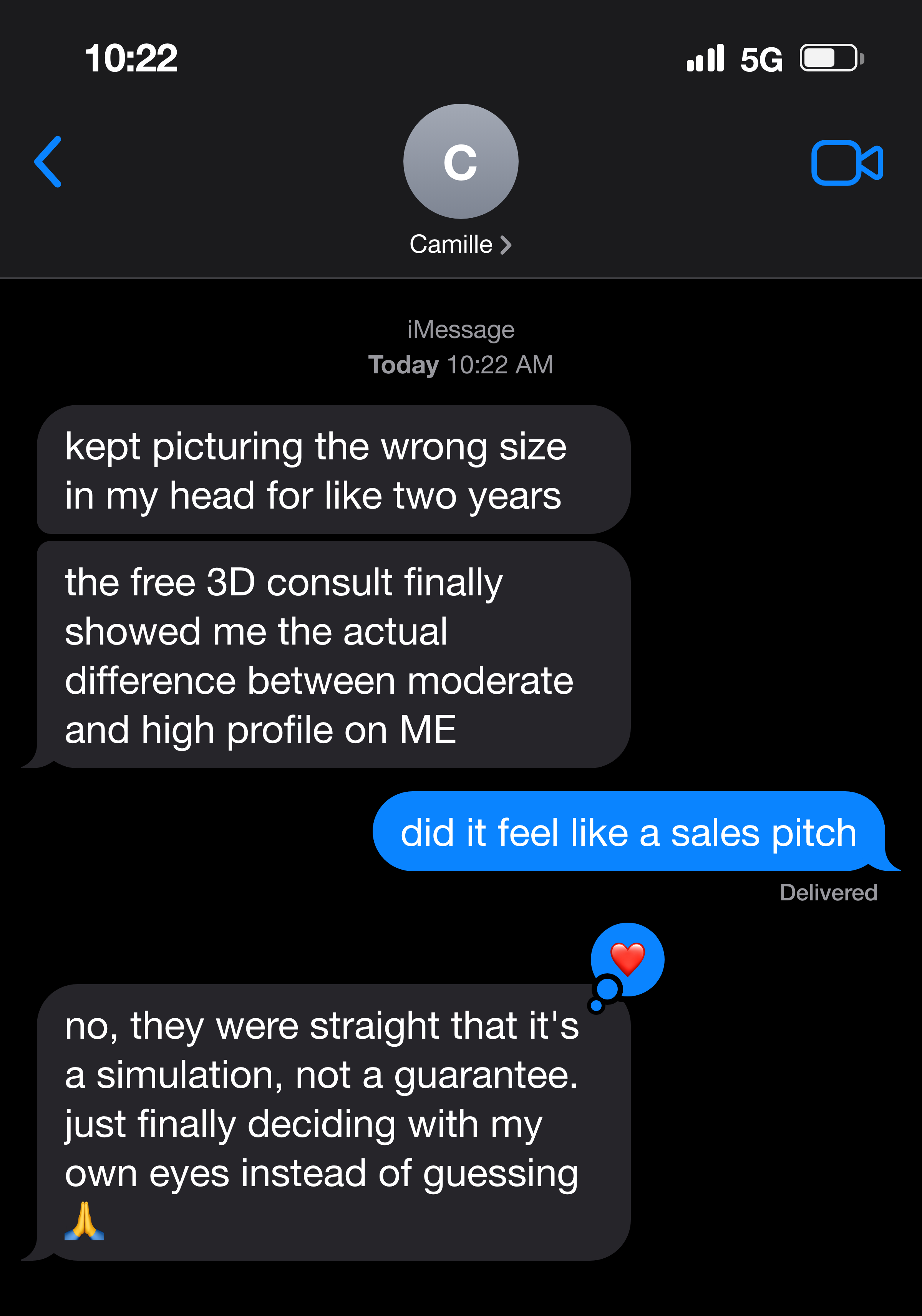 Text message from a woman about finally seeing the size difference in 3D on her own body instead of guessing