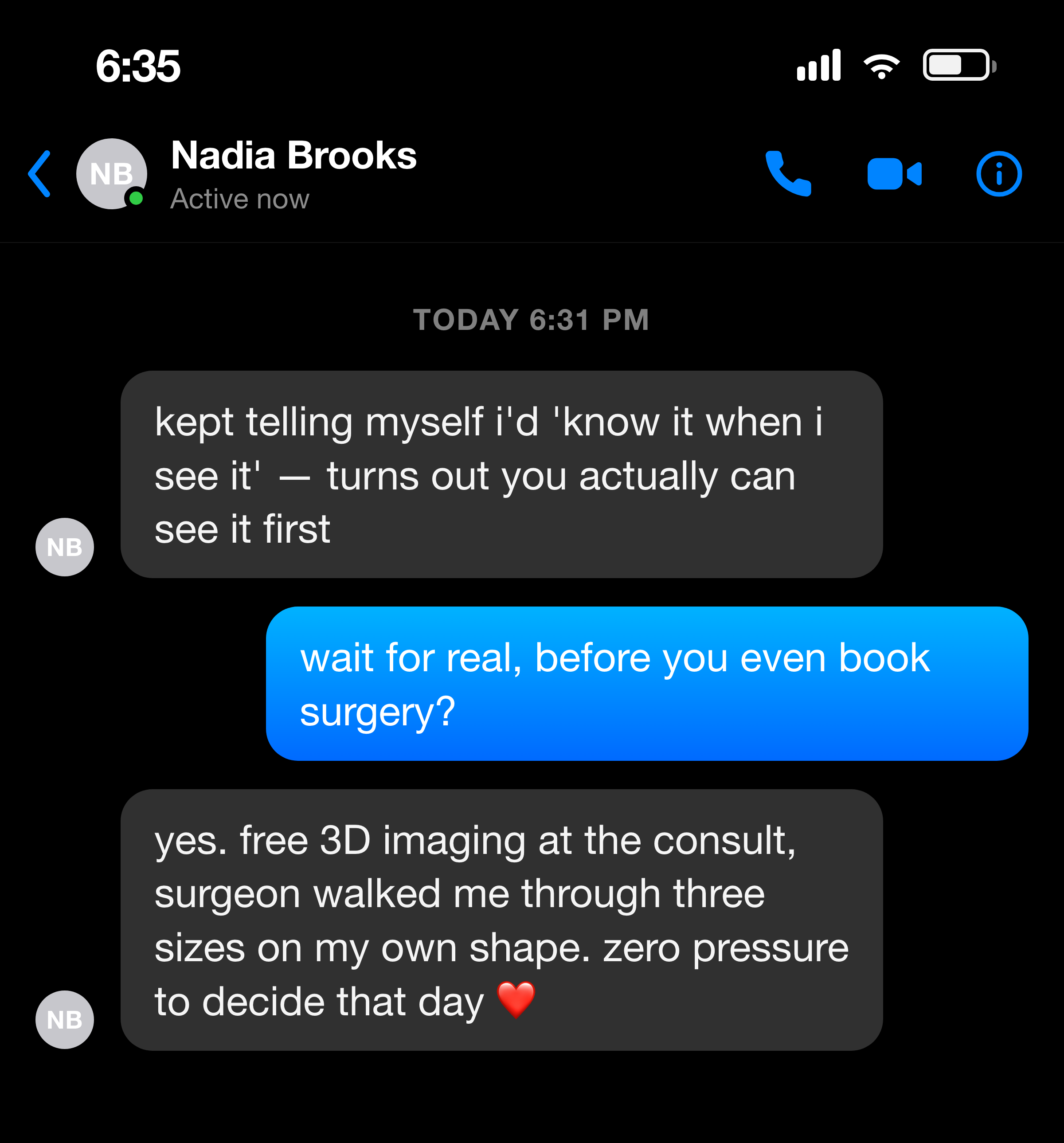 Messenger note from a woman about seeing three sizes on her own shape with zero pressure to decide that day
