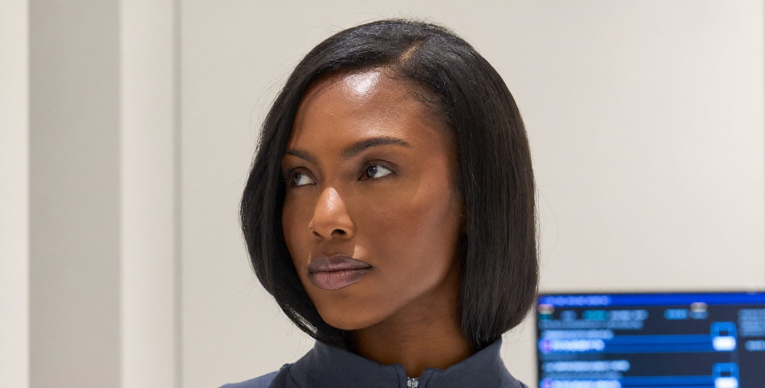 A confident, composed woman weighing an informed decision in a modern, precision-focused clinic