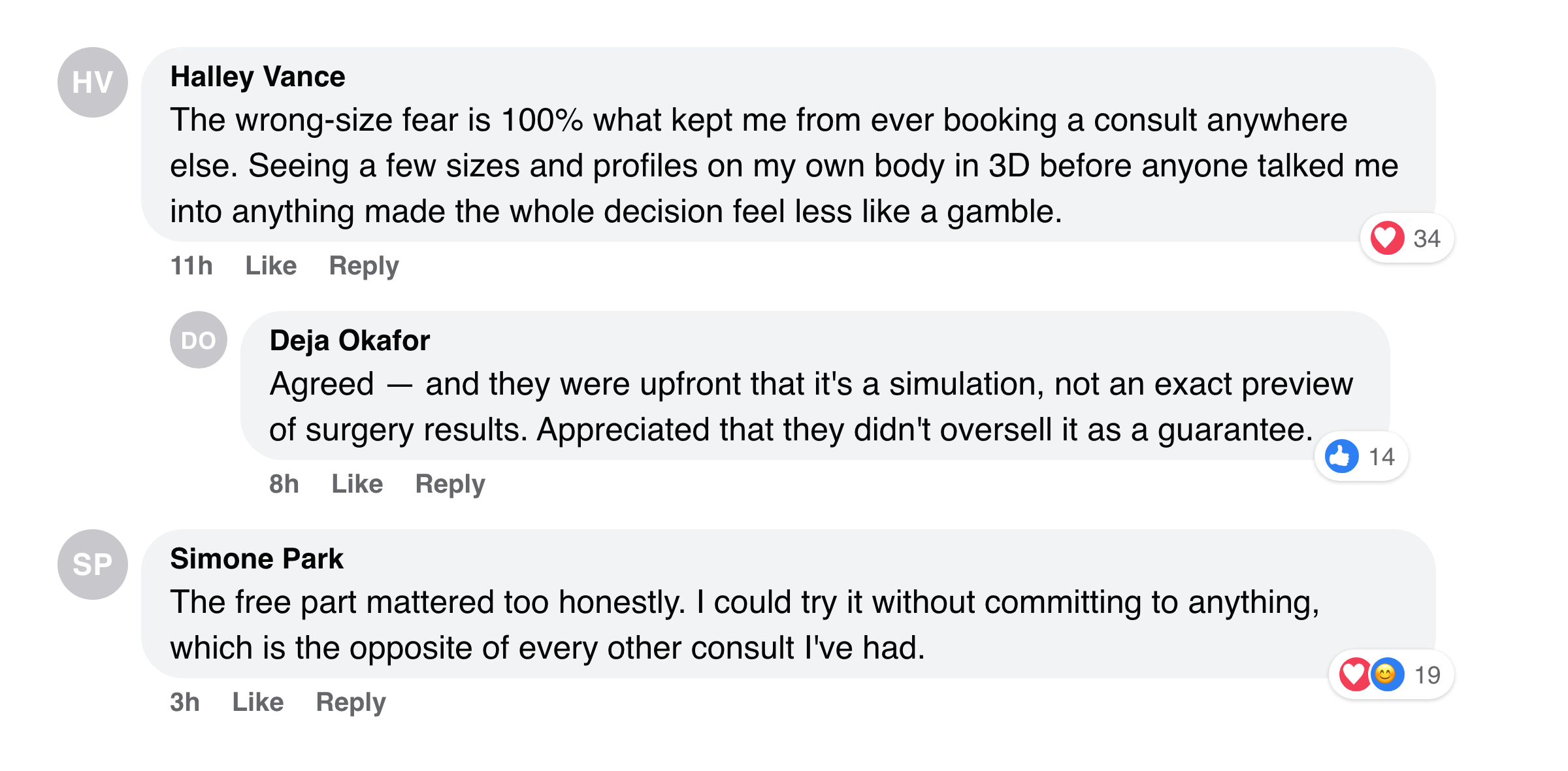 Facebook comments about the wrong-size fear finally going away after the 3D preview