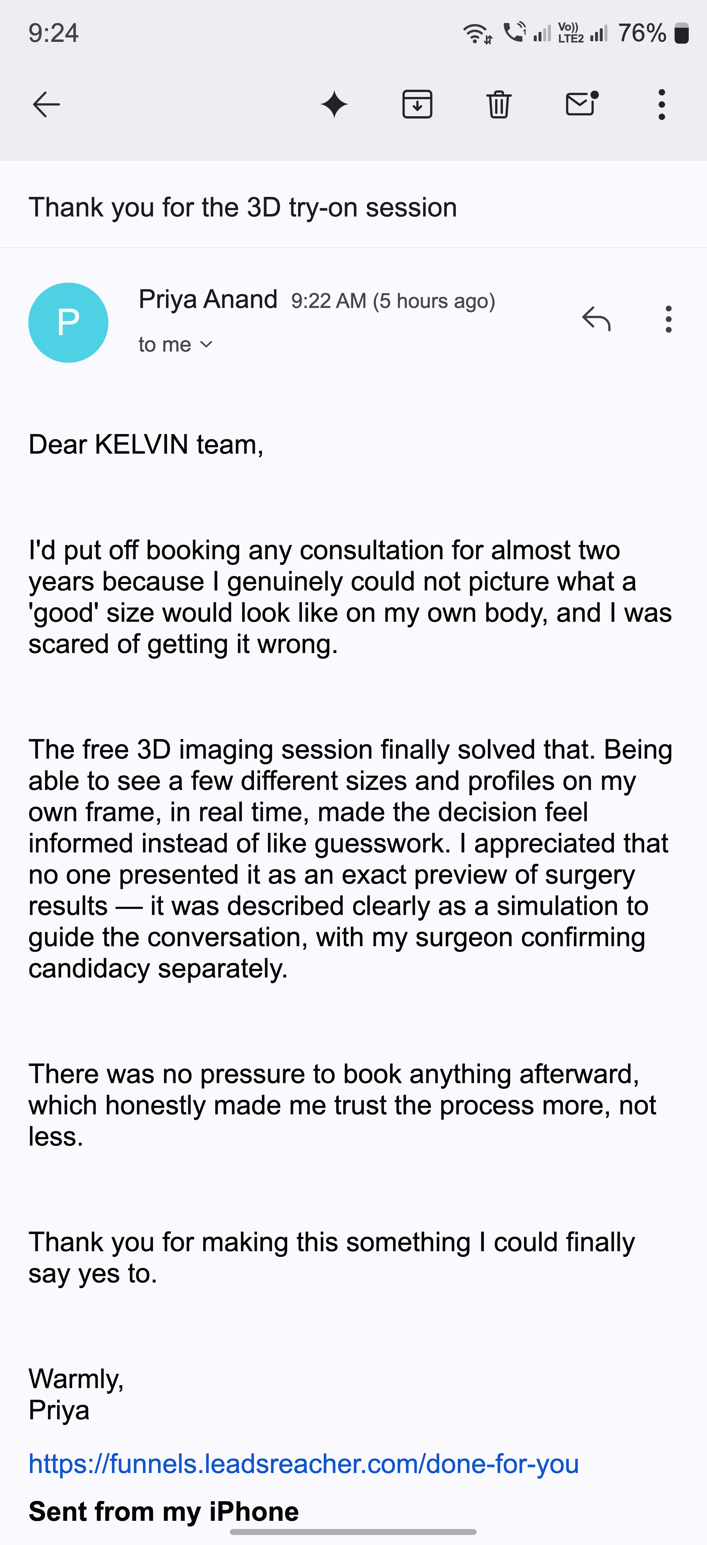A thank-you email about the free 3D try-on session removing the guesswork
