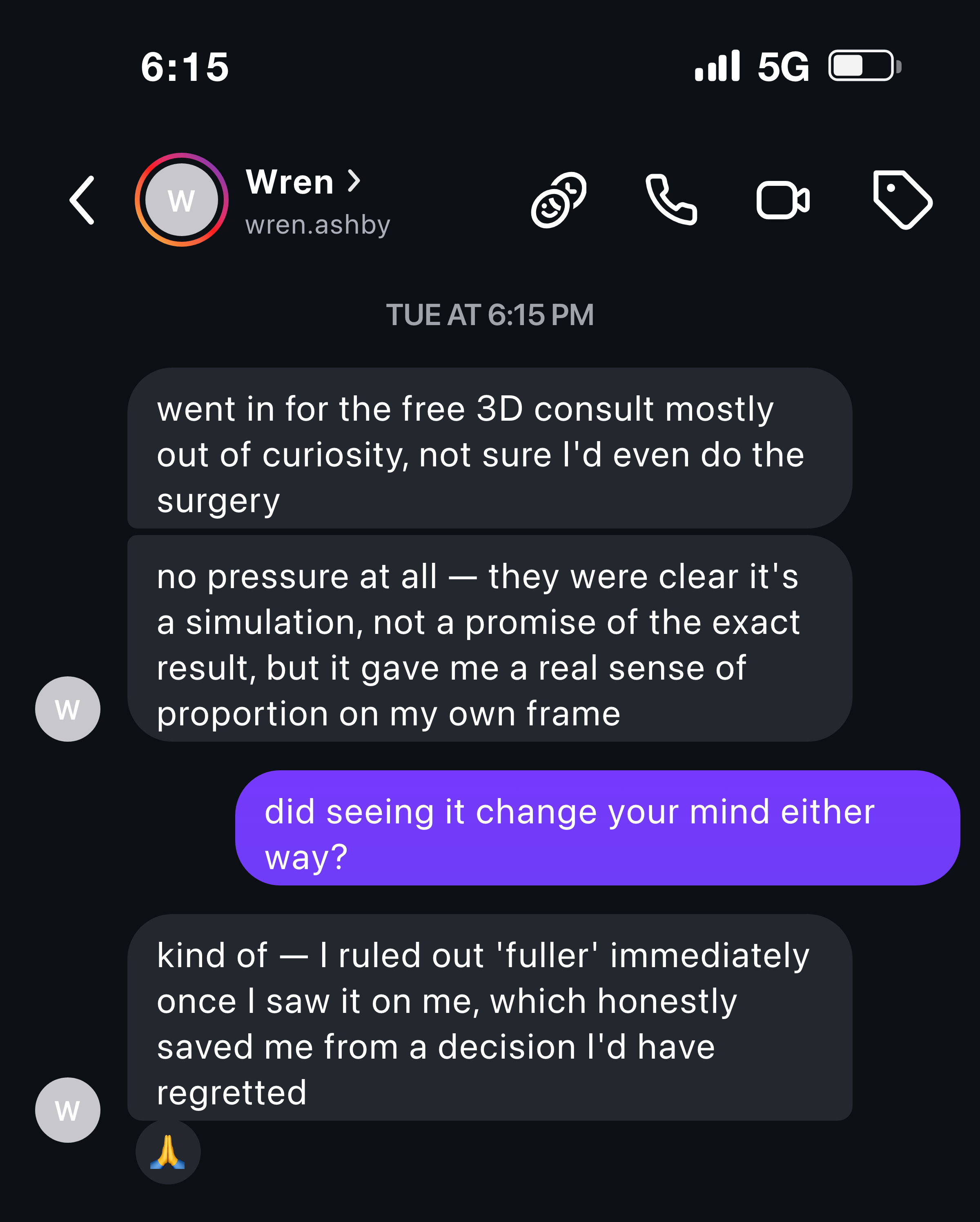 Instagram message about the free 3D consult with no pressure to book surgery