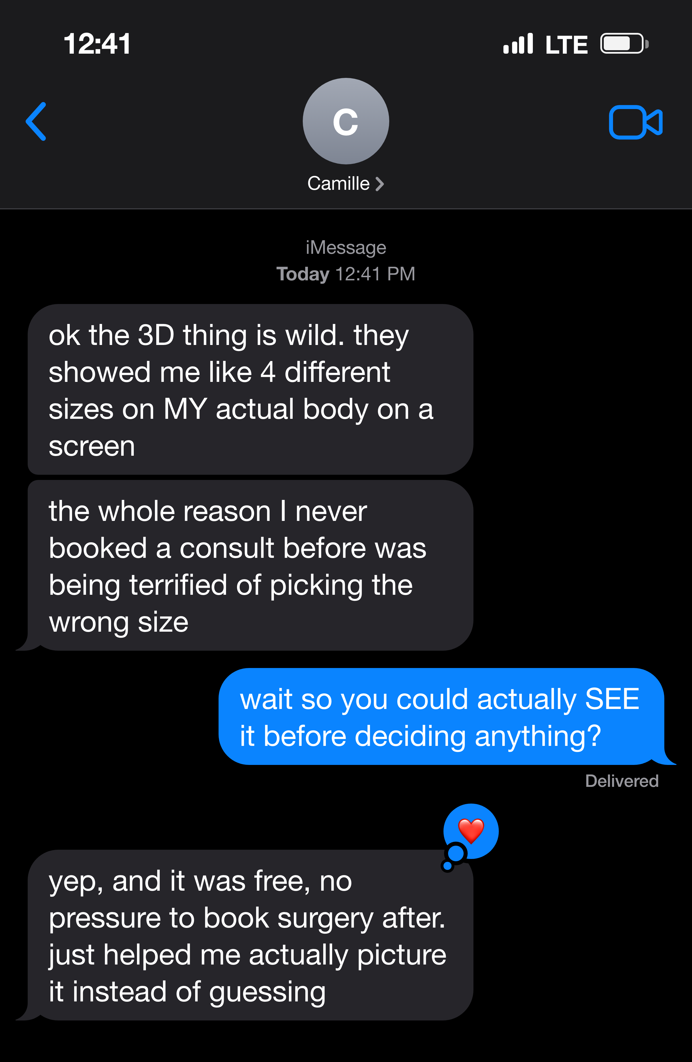 Text message about seeing different sizes on her own body in 3D before deciding