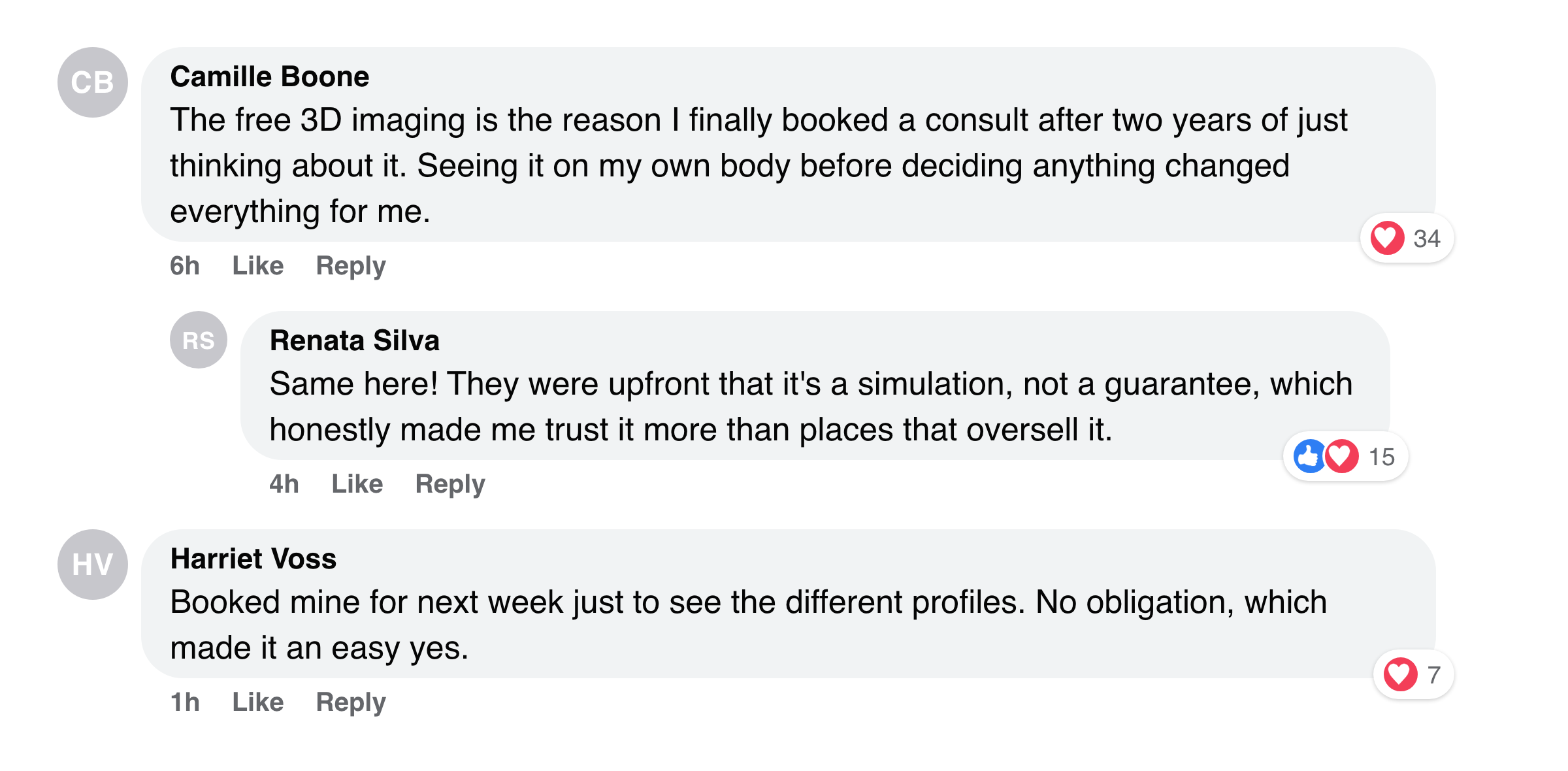 Facebook comments from patients about the free 3D imaging being a simulation, not a guarantee