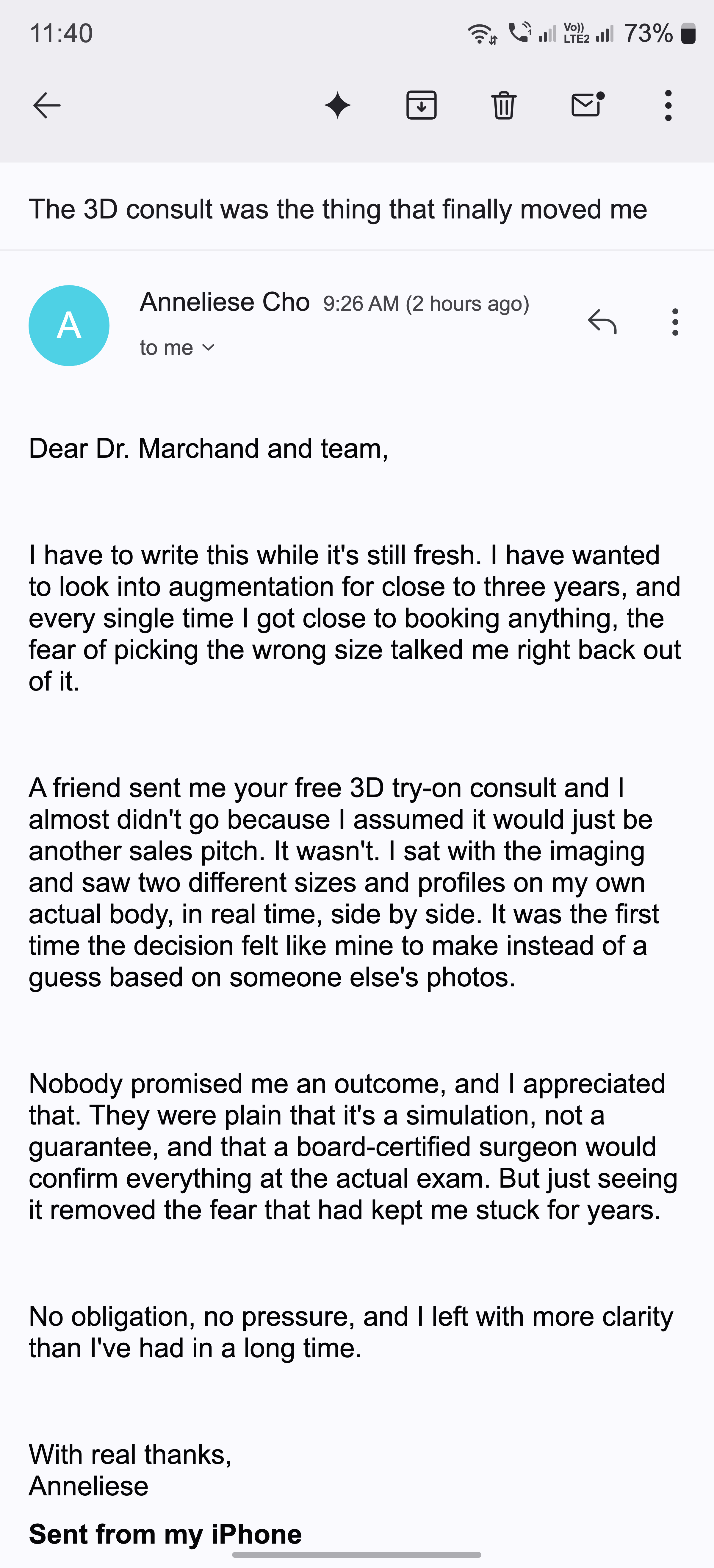 A thank-you email from a patient after her free 3D try-on consultation