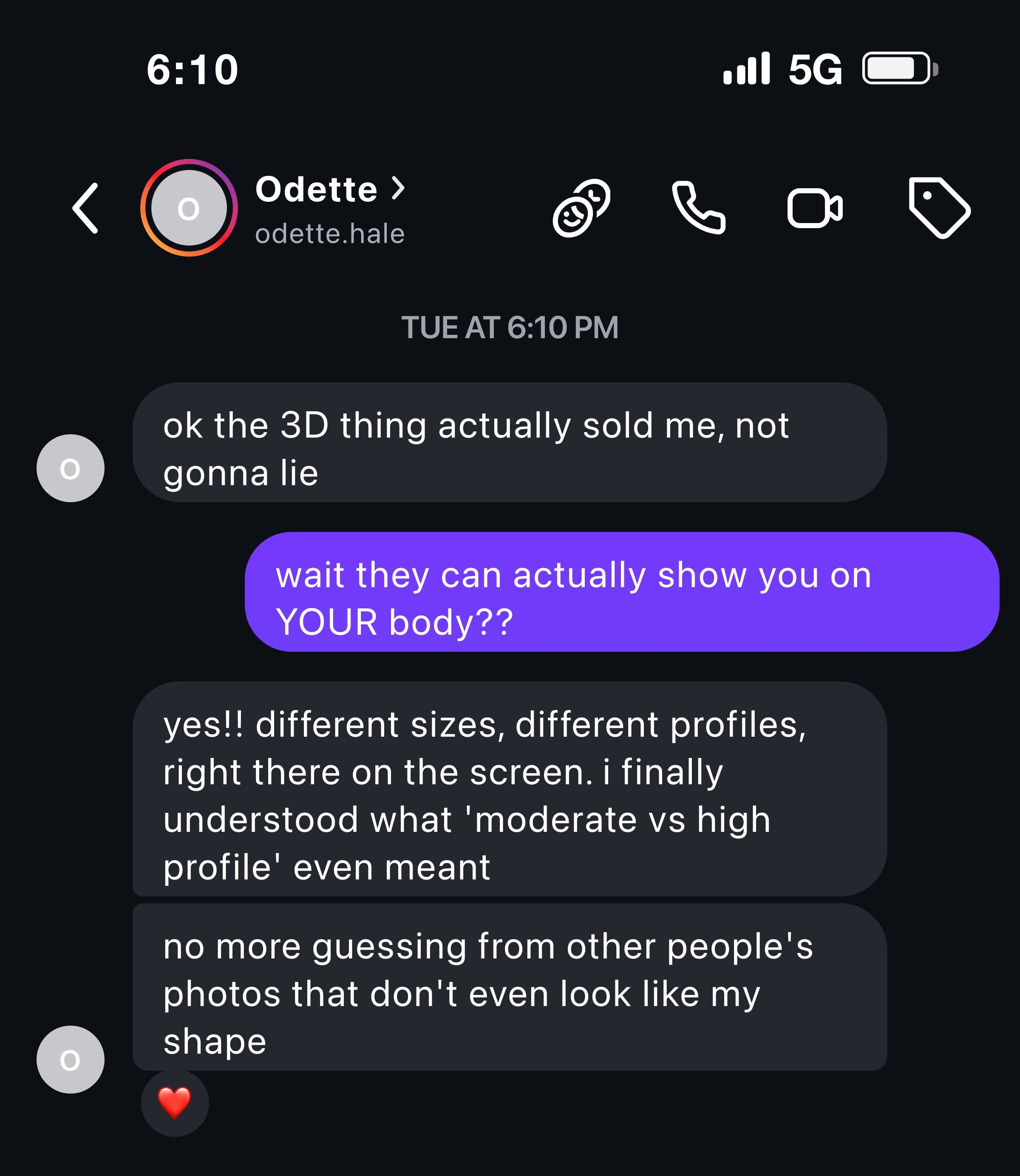 Instagram message from a patient about seeing different sizes on her own body in 3D
