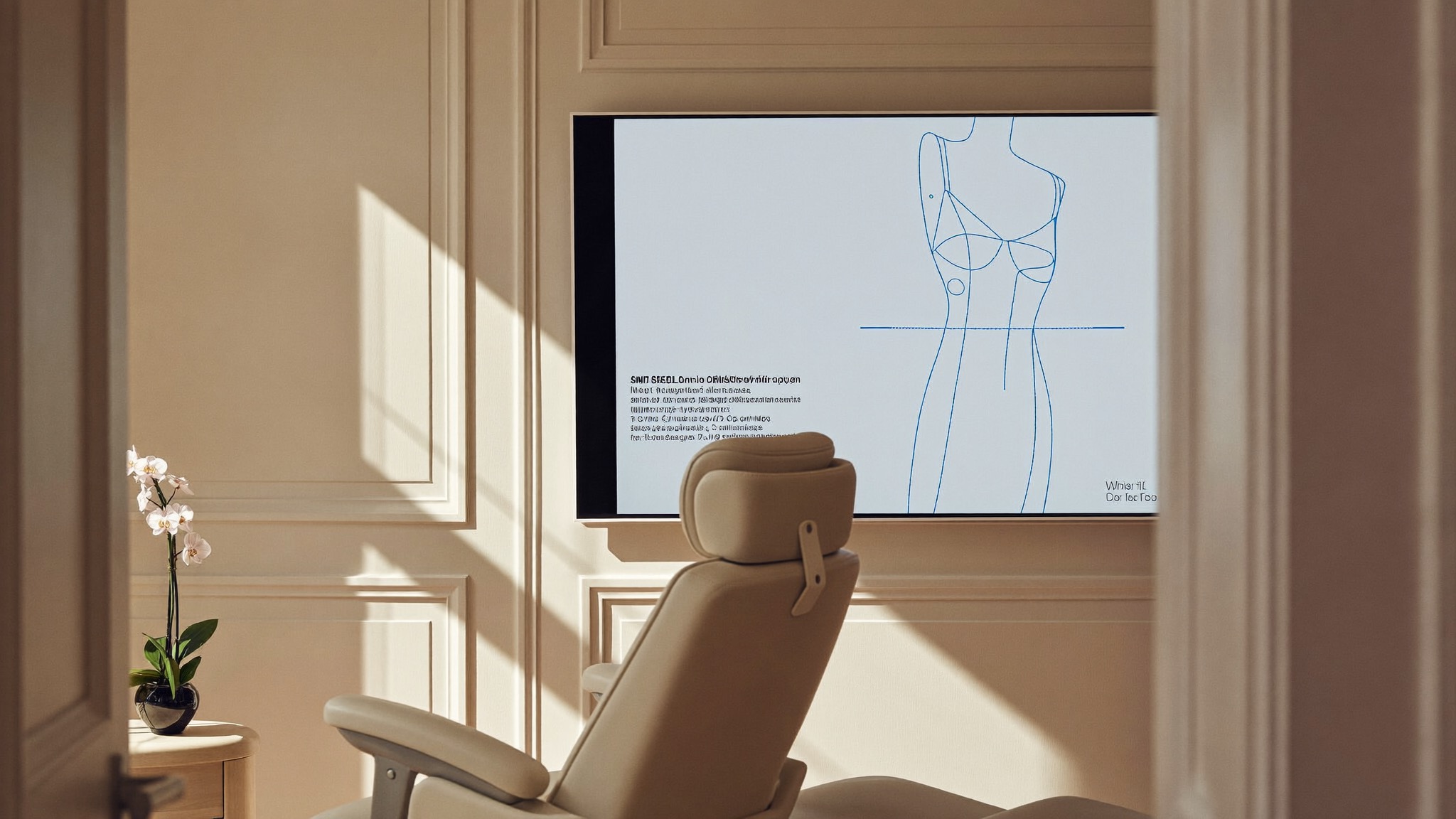 An elegant consultation suite with a monitor displaying an abstract, schematic 3D dress-form outline — illustrative, not a real patient scan